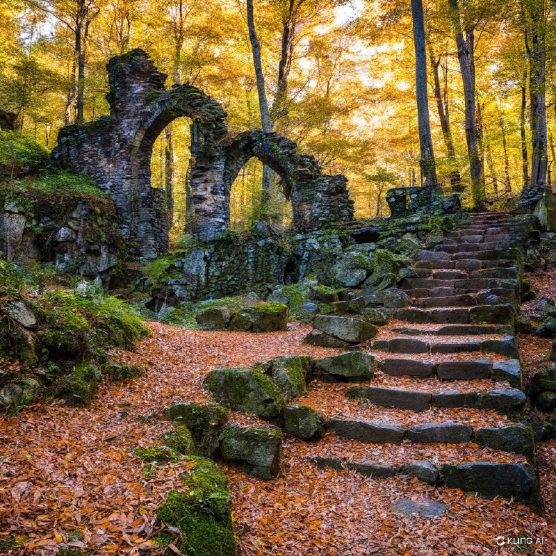 这是一个神秘的森林场景，一个古老的石阶废墟不知通向何方，周围是郁郁葱葱的秋叶，阳光透过树丛，照亮了城堡的残垣断壁，营造出一种神奇而宁静的氛围