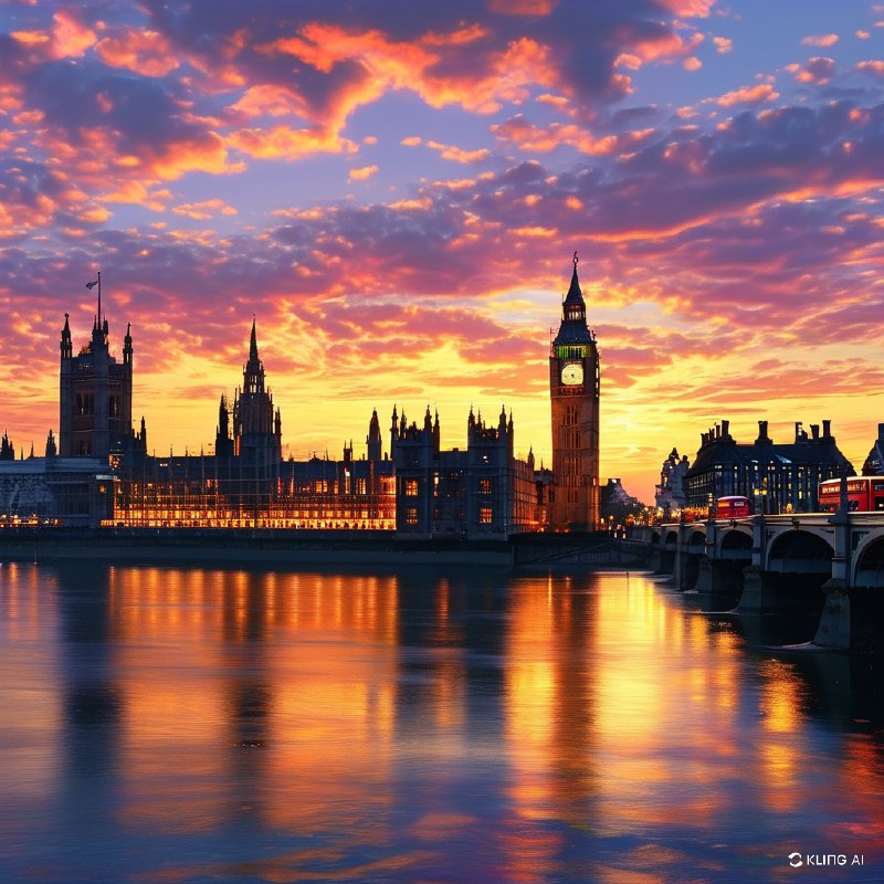 #Bing_Wallpaper"壮丽的景色展现了伦敦标志性地标在令人屏息的日落时分的美景，包括宏伟的威斯敏斯特宫、被金色光辉照亮的高耸大本钟钟面，以及议会大厦的历史建筑