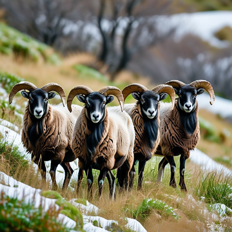 #Bing_Wallpaper一群宁静而威严的长角绵羊站立在新西兰的一处草地上，草地上零星点缀着白雪