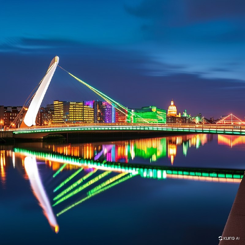 #Bing_Wallpaper"在爱尔兰都柏林圣帕特里克节庆祝活动中，塞缪尔·贝克特桥展现出迷人的夜景
