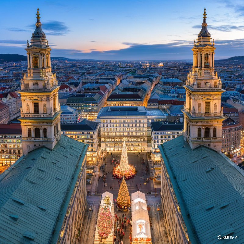 #Bing_Wallpaper圣斯蒂芬大教堂在降临节期间的全景，装饰着来自匈牙利布达佩斯繁忙圣诞市场的温暖发光灯饰