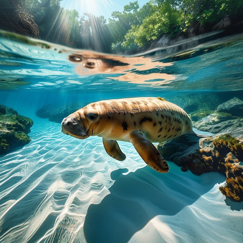 #Bing_Wallpaper在佛罗里达水晶河中的一个迷人的水下景象，一只温顺的海牛优雅地滑行在水面之下
