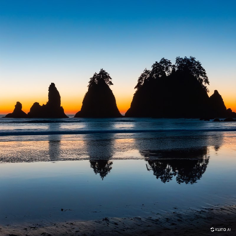 奥林匹克国家公园宁静海滩上令人惊叹的日落，岩石海垛的剪影，从深蓝过渡到暖橙色的生机勃勃的天空，平静倒影的海水，宁静祥和的氛围