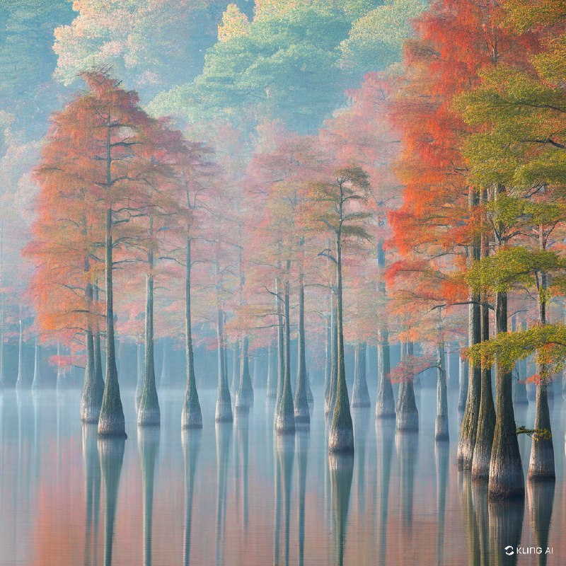 这是一幅宁静的秋景图，高大的柏树优雅地矗立在薄雾弥漫的湖面上，周围是红橙黄三色相间、生机勃勃的秋叶