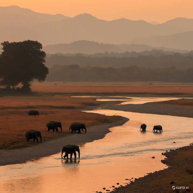 #Bing_Wallpaper壮观的一群大象漫步于印度吉姆·科贝特国家公园，夕阳将天空染成橙色，为大地披上温暖的色调