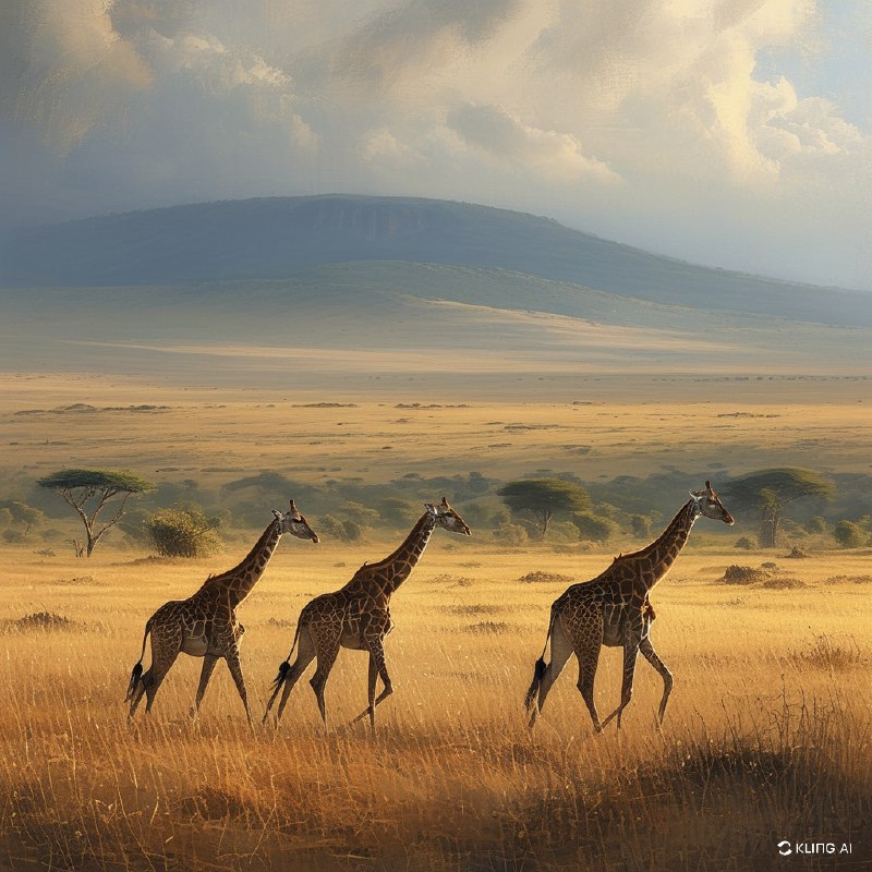 #Bing_WallpaperWide landscape of Amboseli National Park, Kenya, featuring a group of Maasai giraffes gracefully walking across the savannah. The scene is bathed in soft, golden light, highlighting the dry grass and sparse vegetation. In the background, misty hills stretch across a vast horizon under a dramatic, overcast sky. The image draws on a warm, earthy color palette with textures of grass and distant trees. Art style is realistic with intricate details, capturing the essence of the African wild and its majestic wildlife.肯尼亚安博塞利国家公园的辽阔景观，展现了一群优雅漫步于稀树草原的马赛长颈鹿