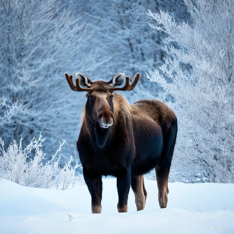 #Bing_Wallpaper"创造一个令人叹为观止的场景：在阿拉斯加德纳利国家公园的雪景中，一只母麋鹿伫立其中，眼神狂野而深邃