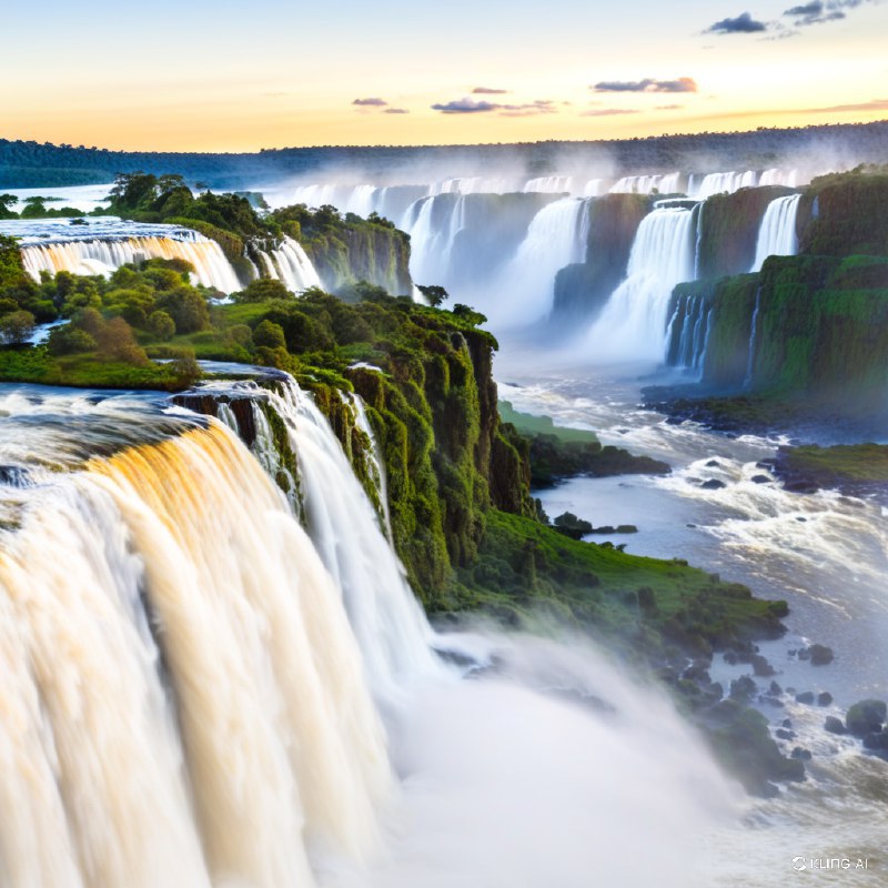 #Bing_Wallpaper“从巴西巴拉那州望去的雄伟伊瓜苏瀑布，这一令人叹为观止的水流从郁郁葱葱的悬崖上倾泻而下，周围环绕着生机盎然的绿色植被和布满青苔的岩石