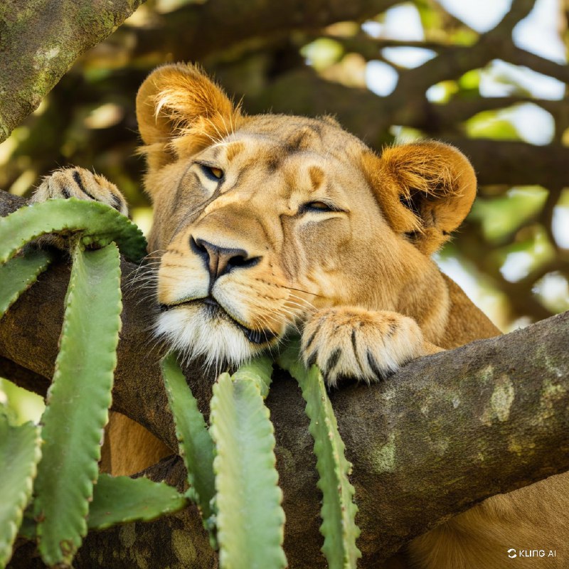 #Bing_Wallpaper“一只宁静的狮子安详地栖息在一根结实的树枝上，隐身于伊沙夏地区——乌干达伊丽莎白女王国家公园内密茂的仙人掌状树木的葱茏枝叶间