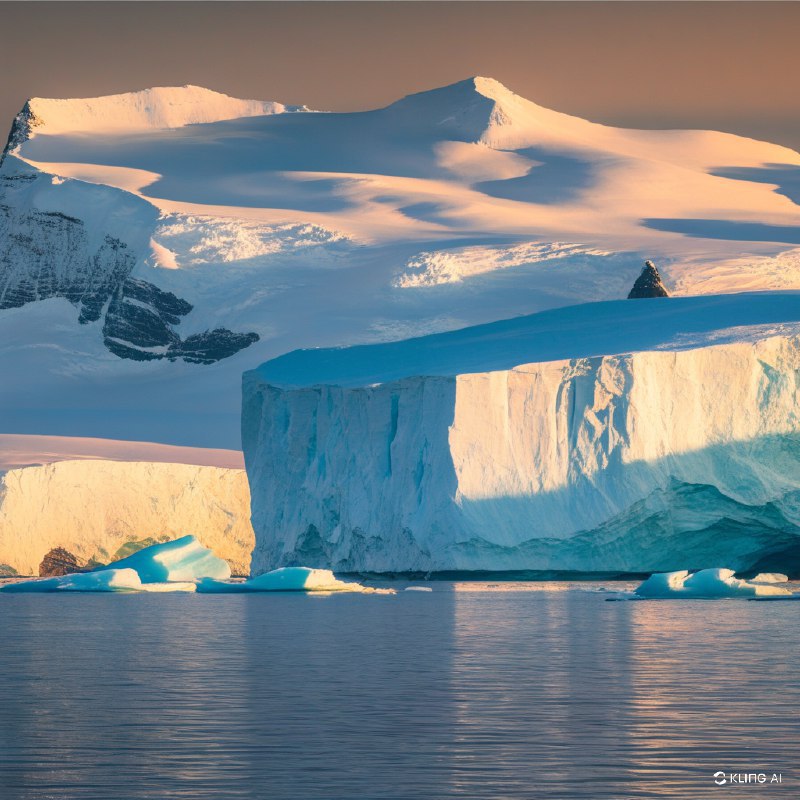 #Bing_Wallpaper雄伟的南极洲景观中，巨大的冰山静静地漂浮在平静的海面上，它们复杂的纹理在光线下熠熠生辉