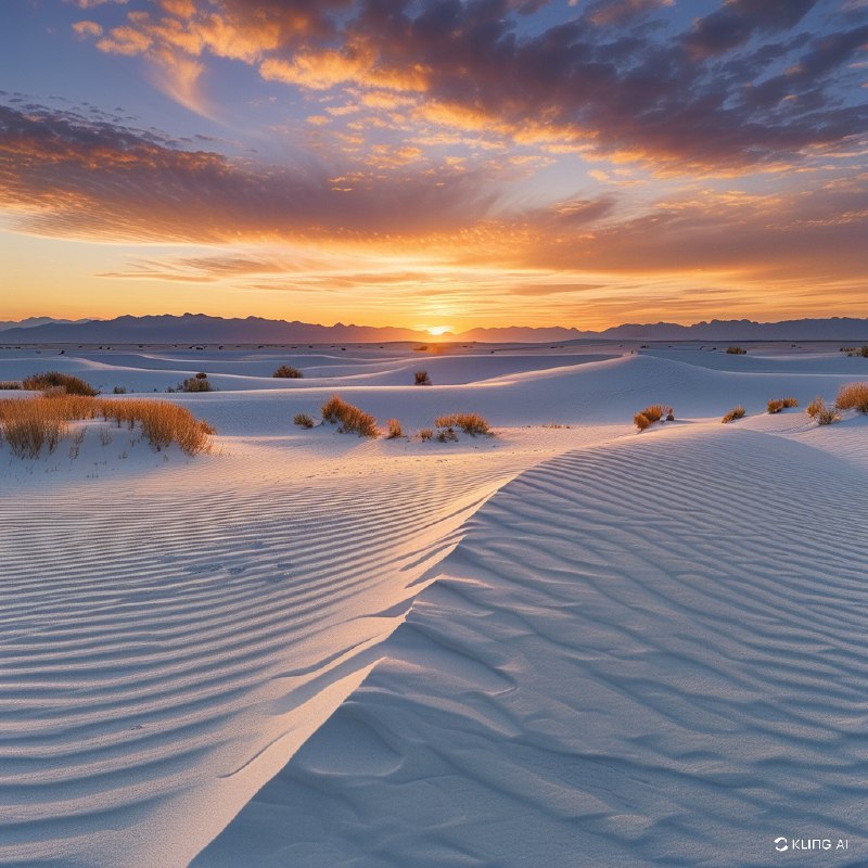 #Bing_Wallpaper"在美国新墨西哥州的白沙国家公园，广袤的白色沙丘在宁静的日落天空下绵延起伏