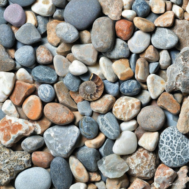 散落在岩石和石头中的各种化石（包括氨虫和贝类）的详细图像