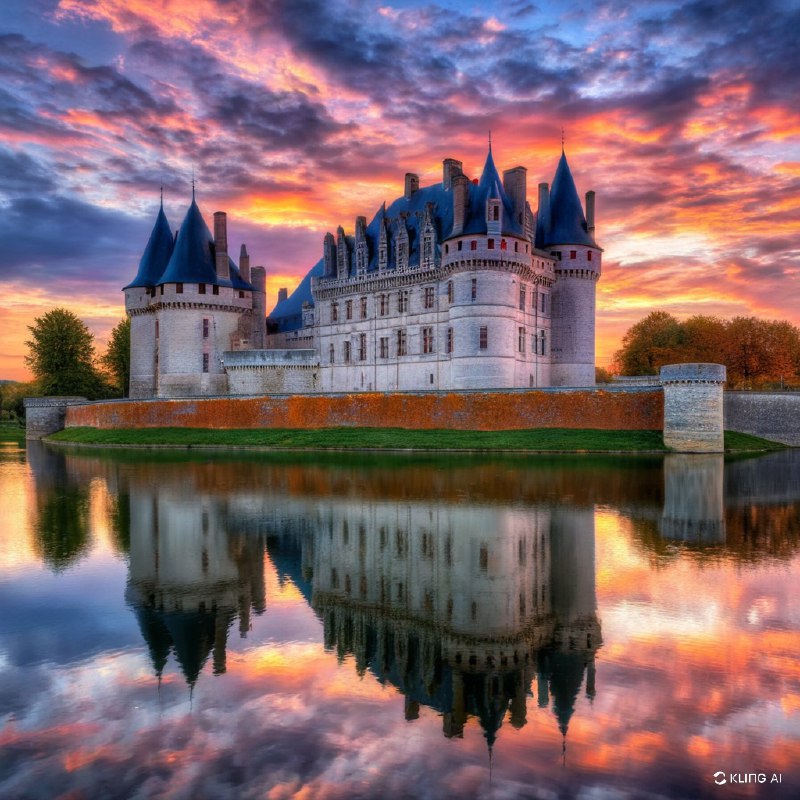 #Bing_Wallpaper一座雄伟的中世纪城堡庄严地矗立在卢瓦尔河静谧的河岸边，暮色中，它被宁静的水面环绕，水面倒映着城堡巍峨的石墙和高耸的圆锥形塔尖