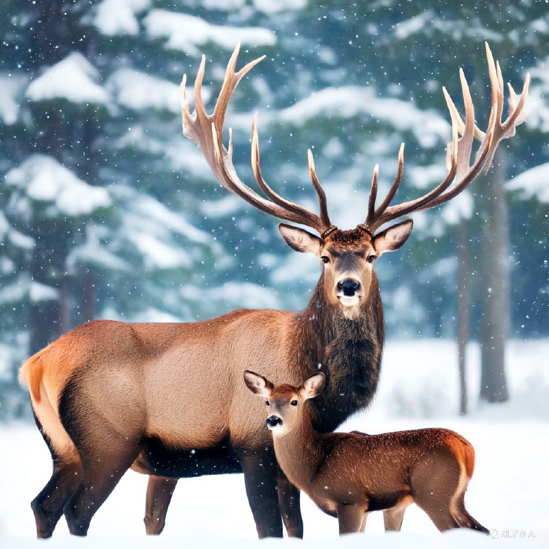 #Bing_Wallpaper“壮丽的加拿大森林景色，一头高贵的雄鹿伴着高耸的鹿角，守护地站在一只温柔的雌鹿旁边，它们浓密的红褐色毛皮与洁白的雪景形成美丽的对比，空中飘舞着精致的雪花，营造出一种超然的冬日氛围，背景中轻微模糊的积雪覆盖的常青树衬托其意境，毛皮与雪的复杂纹理在自然柔和的光线下被凸显出来，捕捉到了自然的优雅与宁静，电影般的构图，超写实的渲染，细腻的细节与生动的色彩