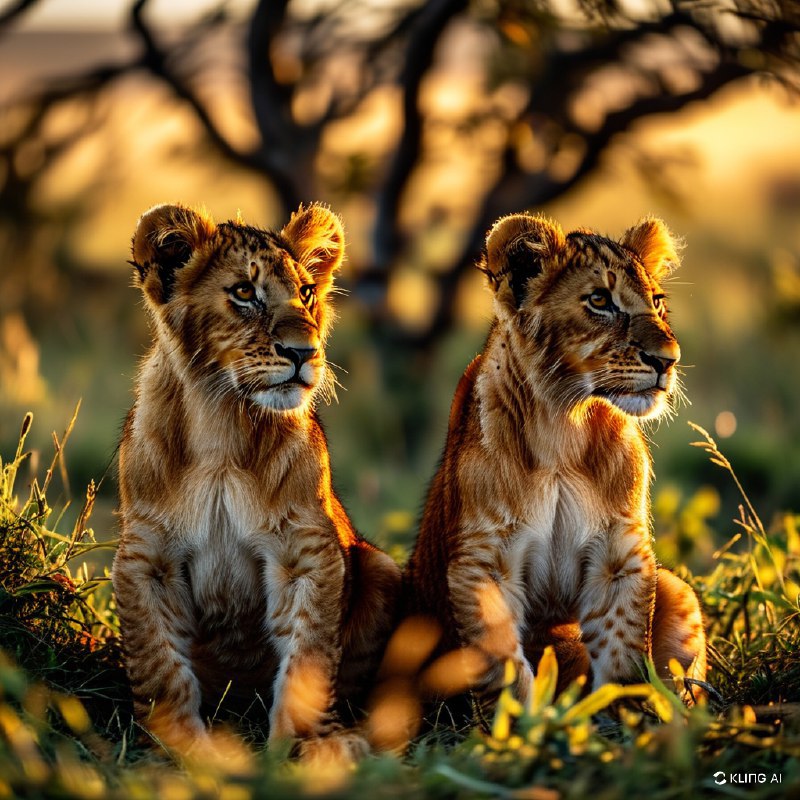 #Bing_Wallpaper日出时分，南非的两只小狮子坐在草地上，眺望远方