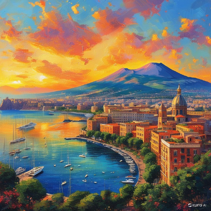 #Bing_Wallpaper“意大利那不勒斯湾的全景生动地展现在眼前，沐浴在夕阳天空温暖的金色光辉中