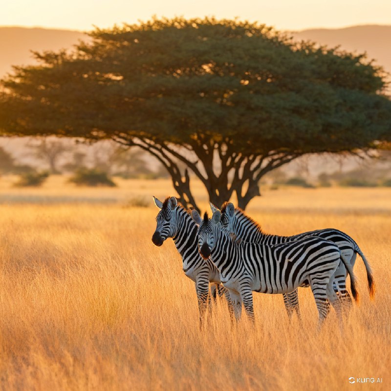 #Bing_Wallpaper两匹雄伟的平原斑马站立在金色的稀树草原上，沐浴在南非莫卡拉国家公园日出时温暖的金色光芒中