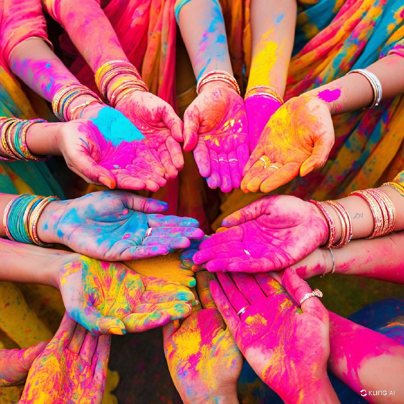 #Bing_Wallpaper在印度斋浦尔热烈庆祝的洒红节，色彩斑斓的粉末洒满双手和衣服，象征着欢乐与团结