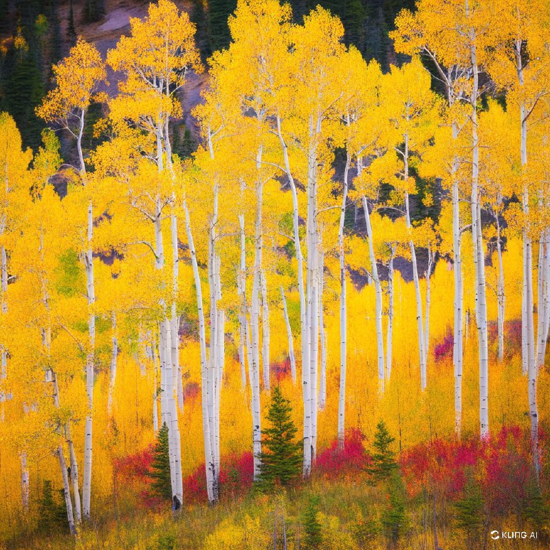 科罗拉多州大理石附近的一片杨树林秋景生机勃勃，金黄色的树叶在自然宁静的环境中展现出令人惊叹的色彩