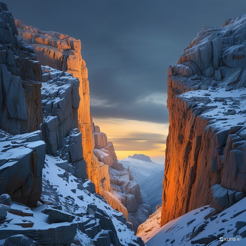 #Bing_Wallpaper黎明时分雄伟的山口，灵感来源于西班牙佩尔迪多山国家公园的罗兰多峡谷；崎岖的悬崖在日出第一缕光辉的照耀下呈现温暖的橙色色调，与寒冷的冰雪和覆盖霜冻的岩石坡面形成鲜明对比；戏剧性的天空融汇深蓝的柔和色调与微妙的灰色层次，营造出宁静却令人叹为观止的高山氛围；凹凸分明的石块、风化的岩壁以及闪耀的雪原呈现出高度细致的质感；电影感的构图，广角视野，缥缈的光线从高耸的悬崖间倾泻而下，唤起一种冒险精神和自然的宏伟之美