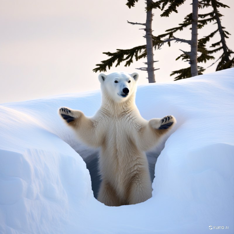#Bing_Wallpaper一幅温馨的画面展现了顽皮的北极熊幼崽从雪白的巢穴中探出身来，周围是闪耀在柔和散射的北极日光下的洁白雪堆