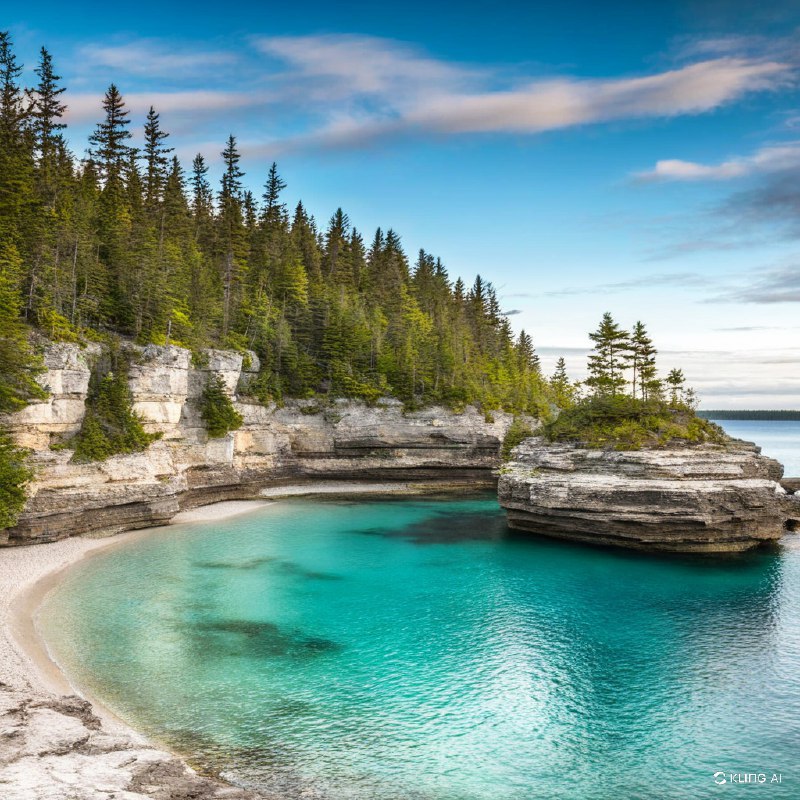 #Bing_Wallpaper“安大略省加拿大布鲁斯半岛国家公园，壮丽的悬崖俯瞰着一片宁静的碧绿海湾，周围环绕着茂密的常青树林