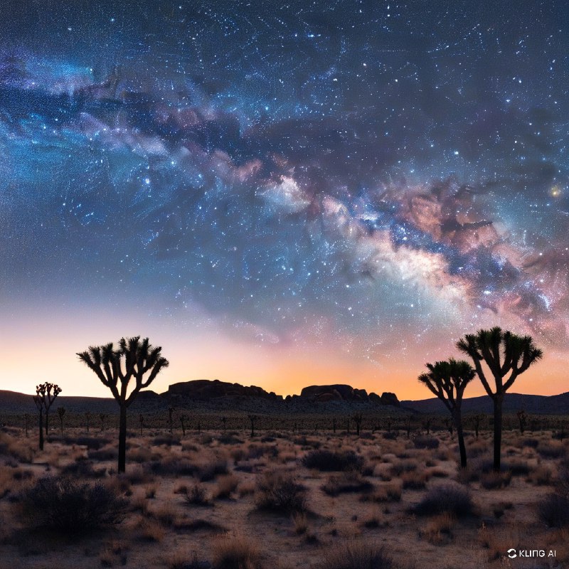 #Bing_Wallpaper在加利福尼亚荒野中，一片超凡脱俗的沙漠景观笼罩在迷人的银河光辉之下，天空中星辰繁密，色彩斑斓，弧形的银河壮丽地跨越在剪影般的约书亚树上方