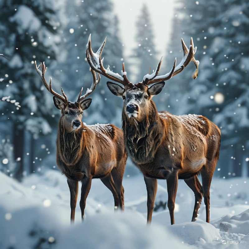 #Bing_Wallpaper“壮丽的加拿大森林景色，一头高贵的雄鹿伴着高耸的鹿角，守护地站在一只温柔的雌鹿旁边，它们浓密的红褐色毛皮与洁白的雪景形成美丽的对比，空中飘舞着精致的雪花，营造出一种超然的冬日氛围，背景中轻微模糊的积雪覆盖的常青树衬托其意境，毛皮与雪的复杂纹理在自然柔和的光线下被凸显出来，捕捉到了自然的优雅与宁静，电影般的构图，超写实的渲染，细腻的细节与生动的色彩
