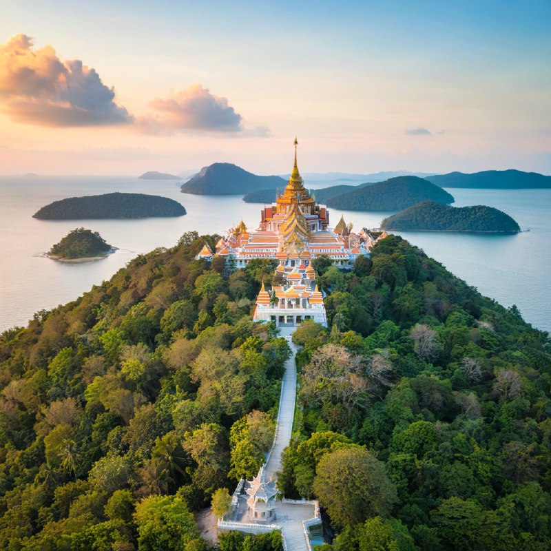 #Bing_Wallpaper在黄昏时分俯瞰泰国班克鲁特的唐赛寺壮丽景色