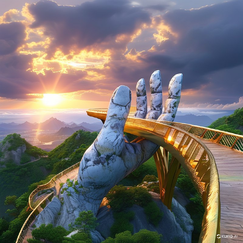 #Bing_Wallpaper“雄伟的金色桥梁由巨大的石手高高托起，优雅地矗立在越南巴拿山郁郁葱葱的绿意之间，俯瞰令人赞叹的地平线