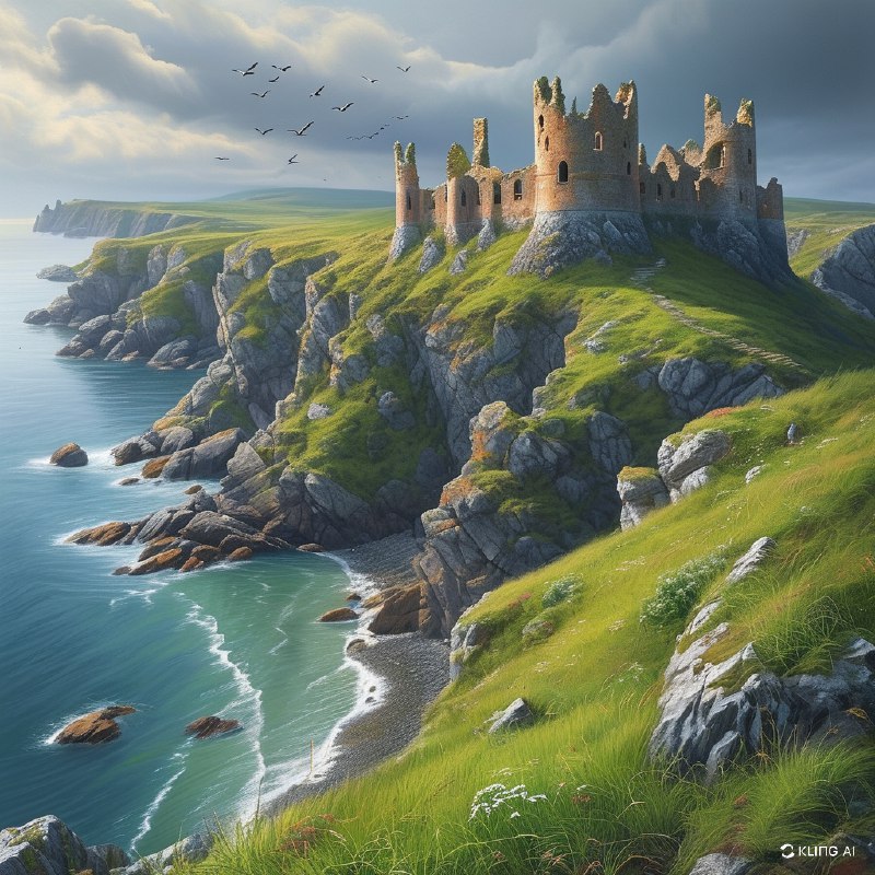 #Bing_Wallpaper"在崎岖悬崖上雄伟的中世纪城堡遗迹，位于北爱尔兰安特里姆的邓卢斯城堡俯瞰着广阔而宁静的海洋