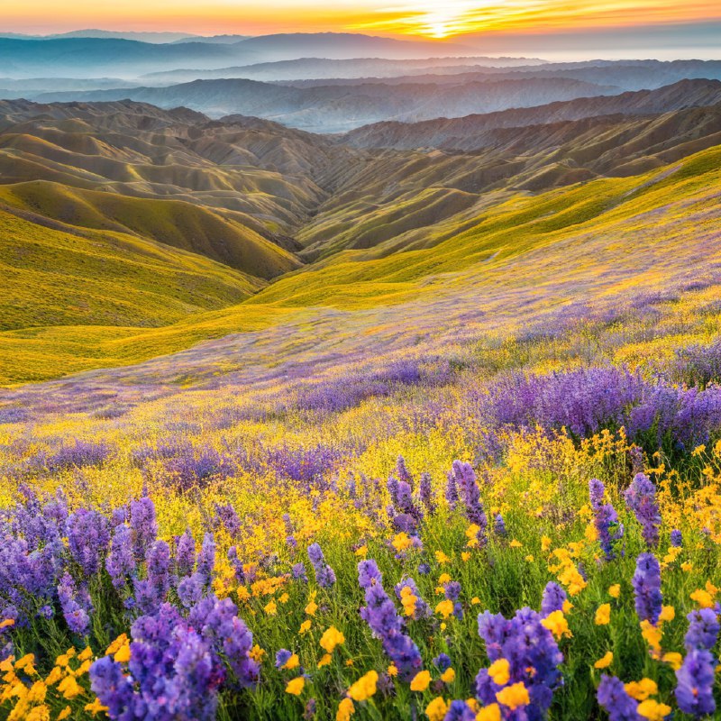 #Bing_Wallpaper“在美国加利福尼亚的卡里佐平原国家纪念碑上，罕见的超级花海盛开，绚丽的野花如海洋般覆盖了起伏的山丘