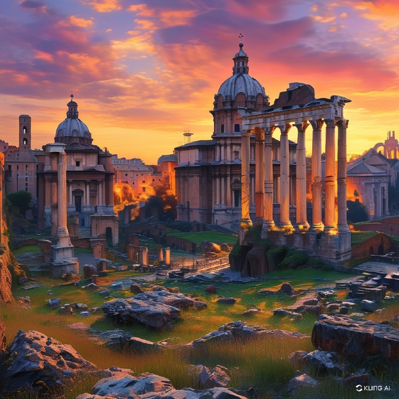 #Bing_Wallpaper“雄伟的罗马广场在日落时分展现出壮丽景象，宏伟的农神庙被古老的遗迹环绕，沐浴在温暖的金色和琥珀色光芒中