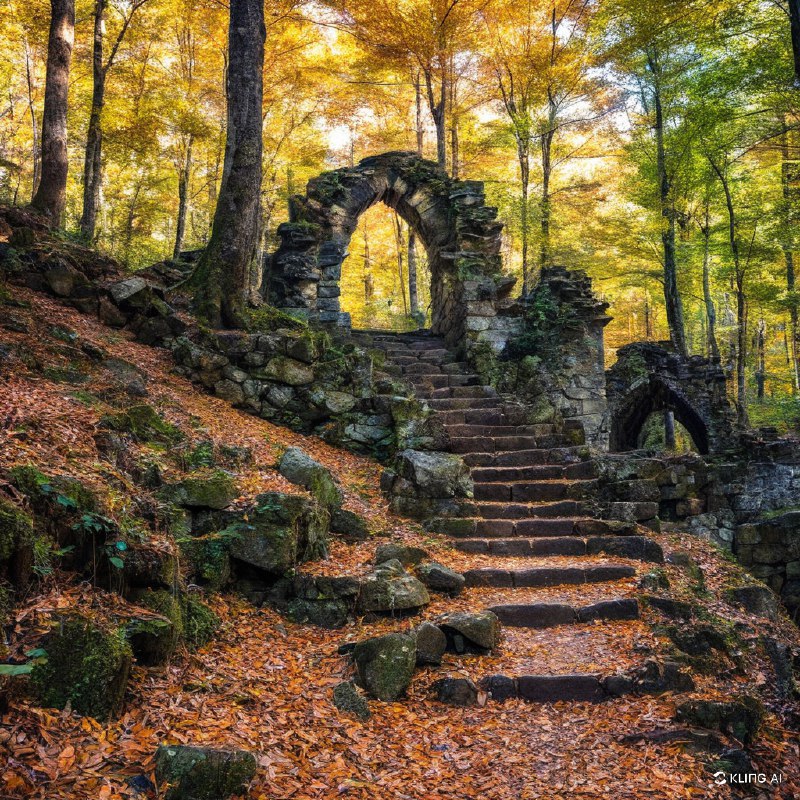 这是一个神秘的森林场景，一个古老的石阶废墟不知通向何方，周围是郁郁葱葱的秋叶，阳光透过树丛，照亮了城堡的残垣断壁，营造出一种神奇而宁静的氛围