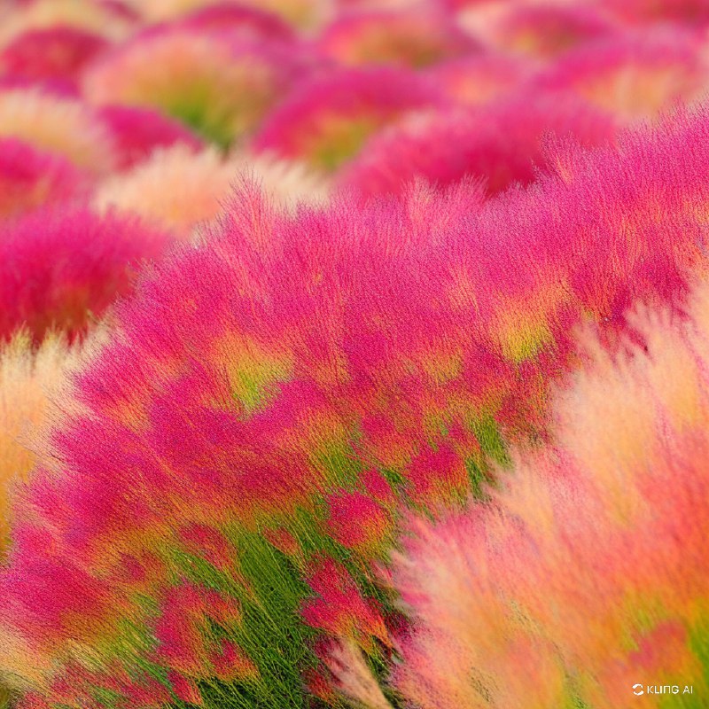 日本茨城县筑成市，一片生机勃勃的 Kochia scoparia 田野，呈现出浓郁的红色和橙色，秋高气爽，微风轻拂，自然景观