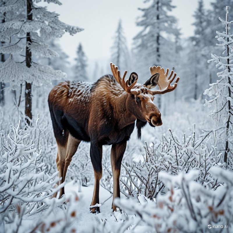 #Bing_Wallpaper"创造一个令人叹为观止的场景：在阿拉斯加德纳利国家公园的雪景中，一只母麋鹿伫立其中，眼神狂野而深邃