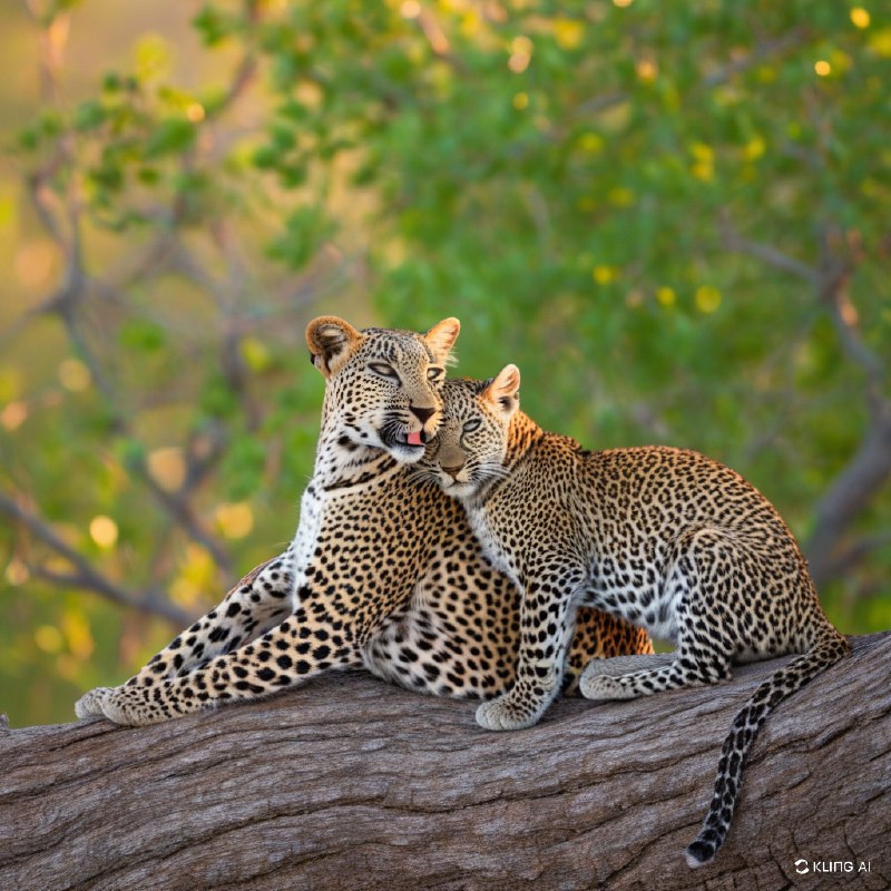 #Bing_Wallpaper“在博茨瓦纳贾奥自然保护区茂密的绿色荒野中，一只母豹正温柔地为她那顽皮的小豹梳理毛发，二者优雅地栖息在一棵粗壮而沧桑的树干上，构成了一幅宁静而暖心的画面