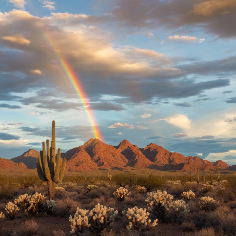 #Bing_Wallpaper亚利桑那州巨型仙人掌国家公园广阔的沙漠景观，以瓦森峰为背景，天空呈现出戏剧性变化