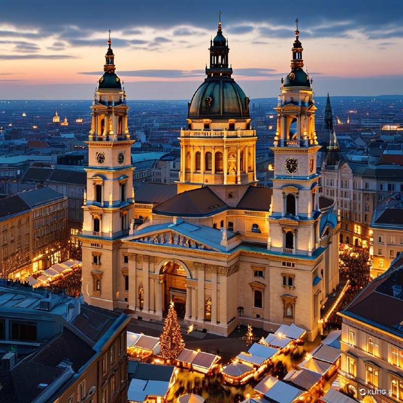#Bing_Wallpaper圣斯蒂芬大教堂在降临节期间的全景，装饰着来自匈牙利布达佩斯繁忙圣诞市场的温暖发光灯饰