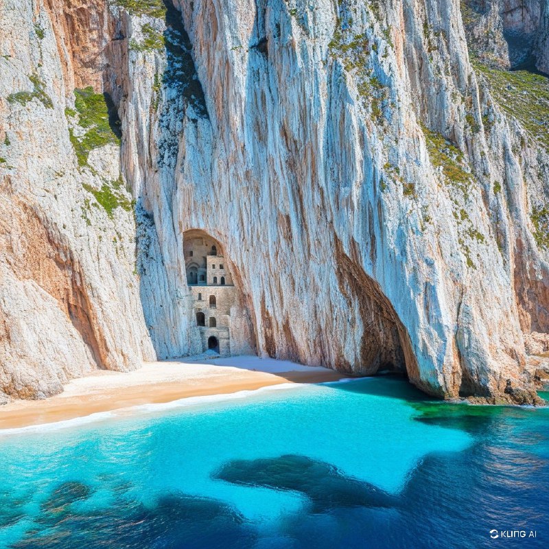 #Bing_Wallpaper“在意大利撒丁岛苏尔基斯-伊格莱西恩特地区的弗拉维亚港，一座雄伟的海岸悬崖展现出戏剧性的石灰岩峭壁，峭壁中镶嵌着一座神秘且古老的工业建筑，隐匿于巨大的白色与赭色石块之中