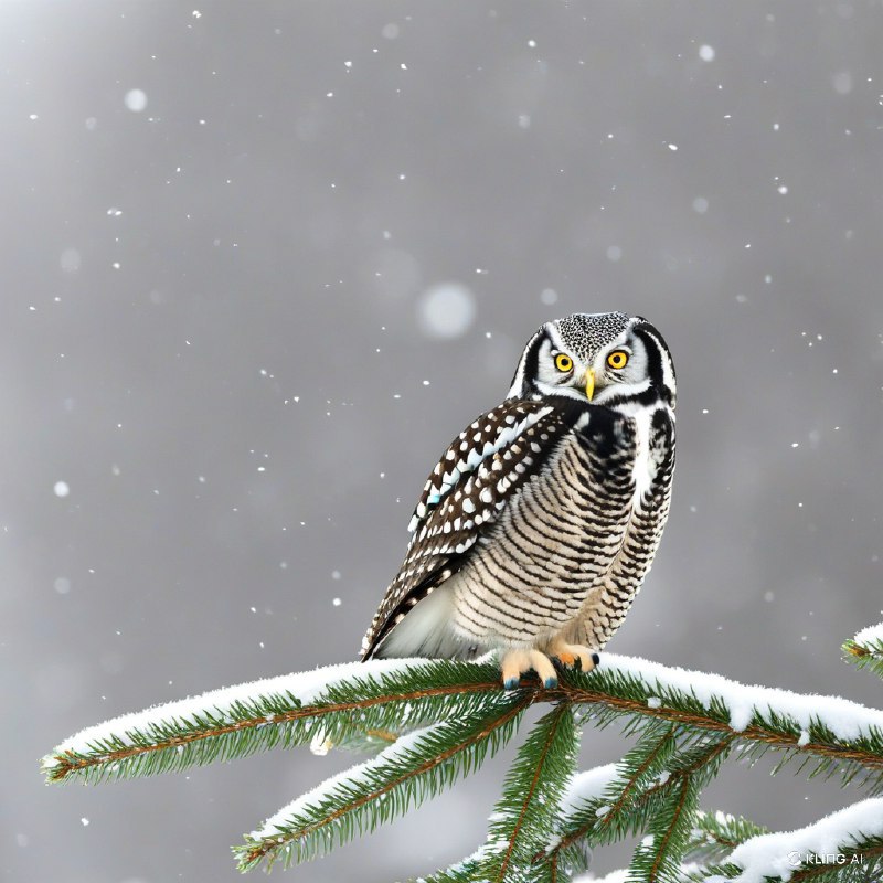 #Bing_Wallpaper"苍凉的北方雀鹰栖息在覆盖着薄雪的常绿树枝上，背景是一片柔和模糊的灰色冬季天空