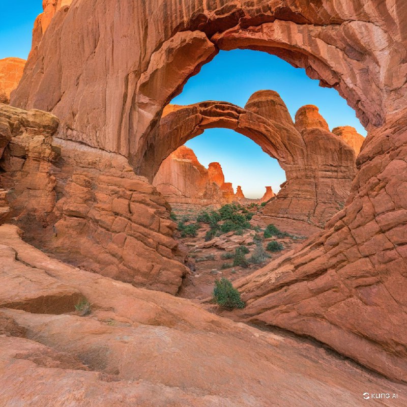 透过一个巨大的天然石拱门，远处的另一组拱门展现在眼前，令人叹为观止，这组拱门位于美国犹他州拱门国家公园内