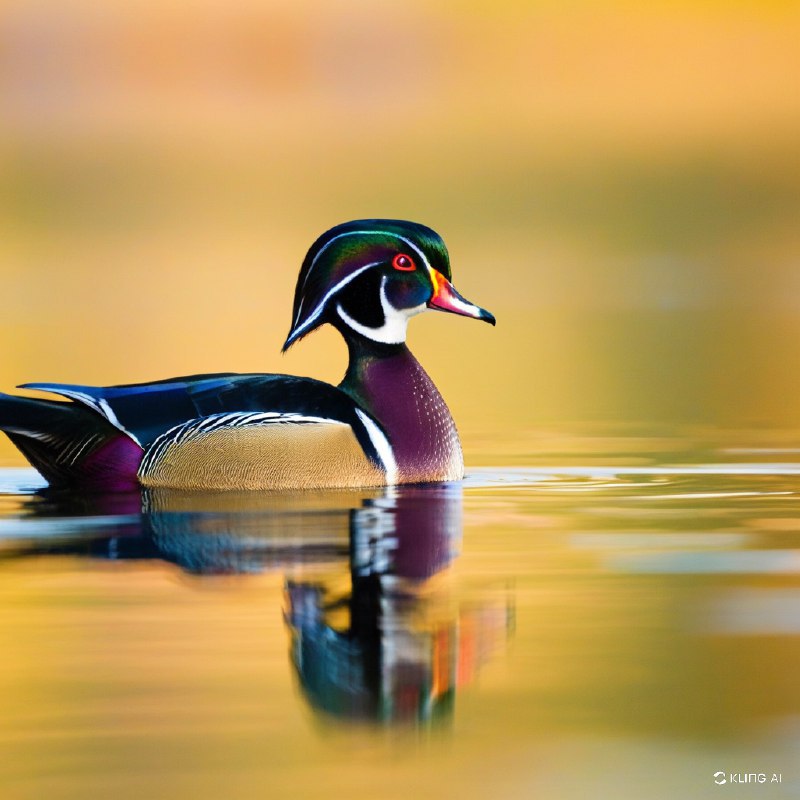 这是一幅宁静的风景画，一只色彩斑斓的雄性木鸭漂浮在平静的水面上，背景是温暖的金色，反映了加拿大魁北克秋季的自然之美