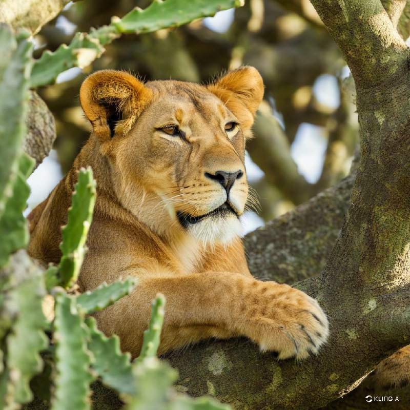 #Bing_Wallpaper“一只宁静的狮子安详地栖息在一根结实的树枝上，隐身于伊沙夏地区——乌干达伊丽莎白女王国家公园内密茂的仙人掌状树木的葱茏枝叶间