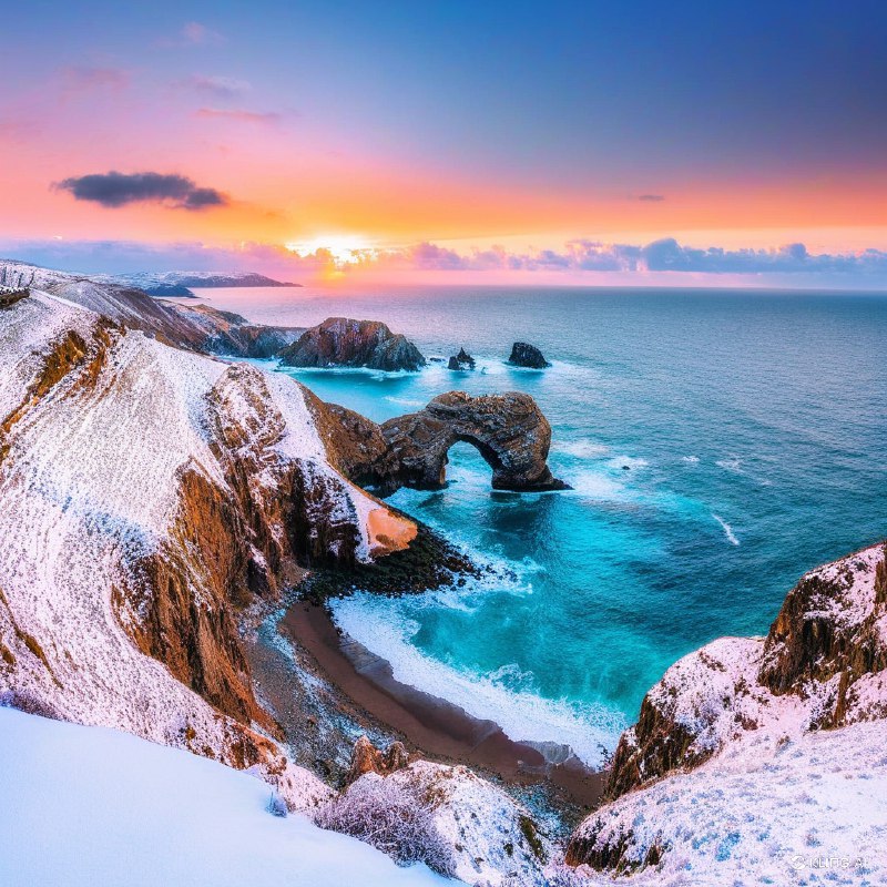 #Bing_Wallpaper超现实的冬季海景位于世界尽头，康沃尔兰兹角被白雪覆盖的悬崖，戏剧性拱形岩石从如梦似幻的海洋中出现，金橙色的日落为冰冷的景观投射出温暖的光辉，深蓝色海洋与白雪形成鲜明对比，崎岖地带上有薄霜的植被点缀，宁静却庄严的氛围，电影般非常细致的视觉风格，捕捉自然的迷人美丽与力量