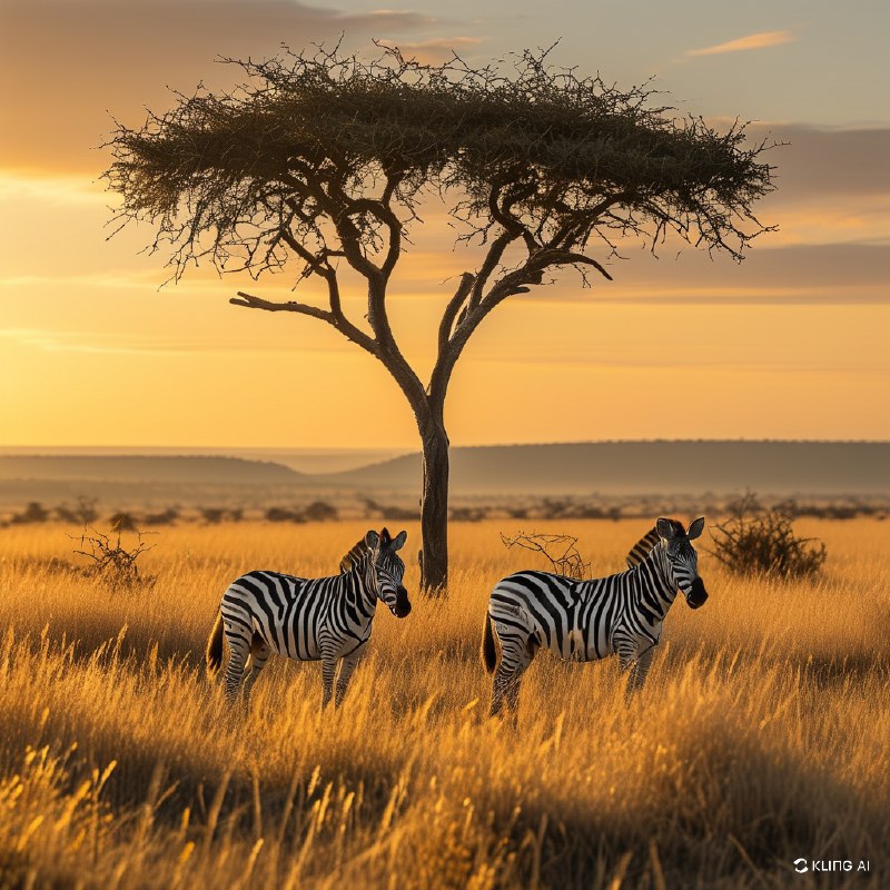 #Bing_Wallpaper两匹雄伟的平原斑马站立在金色的稀树草原上，沐浴在南非莫卡拉国家公园日出时温暖的金色光芒中
