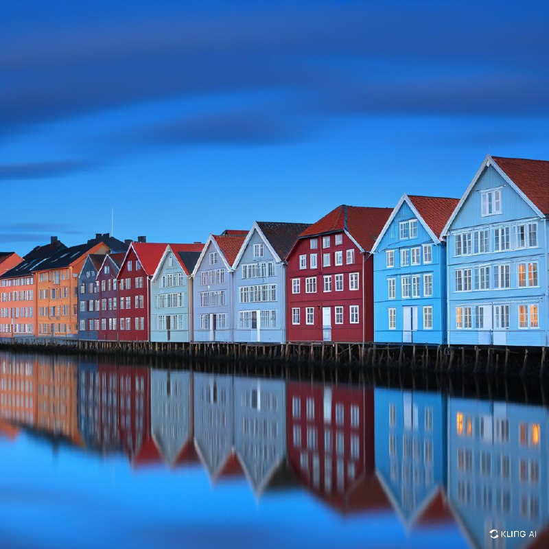 #Bing_Wallpaper“挪威特隆赫姆宁静的暮色，捕捉到‘蓝色时刻’笼罩下的静谧河畔景象