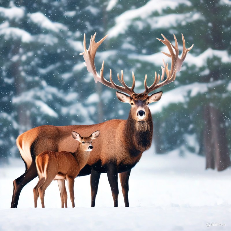 #Bing_Wallpaper“壮丽的加拿大森林景色，一头高贵的雄鹿伴着高耸的鹿角，守护地站在一只温柔的雌鹿旁边，它们浓密的红褐色毛皮与洁白的雪景形成美丽的对比，空中飘舞着精致的雪花，营造出一种超然的冬日氛围，背景中轻微模糊的积雪覆盖的常青树衬托其意境，毛皮与雪的复杂纹理在自然柔和的光线下被凸显出来，捕捉到了自然的优雅与宁静，电影般的构图，超写实的渲染，细腻的细节与生动的色彩