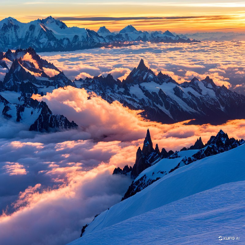 从霞慕尼眺望勃朗峰，日落时分云雾缭绕，雄伟的山峰和宁静的白雪覆盖的地貌尽收眼底，温暖的色调照亮了地平线
