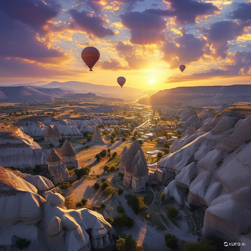 #Bing_Wallpaper"卡帕多西亚格雷梅国家公园在日落时分的迷人鸟瞰图，展现出独特的岩石地貌和阳光洒满山谷的宁静景色，被金色与紫色的光辉所沐浴